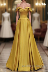 Yellow A-Line Simple Satin Off Shoulder Evening Prom Dresses, Yellow Satin Formal Dresses